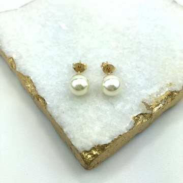 18K Gold Layered Oro Laminado 8 mm Pearl Ball Design Stud Earrings 21.0053/92